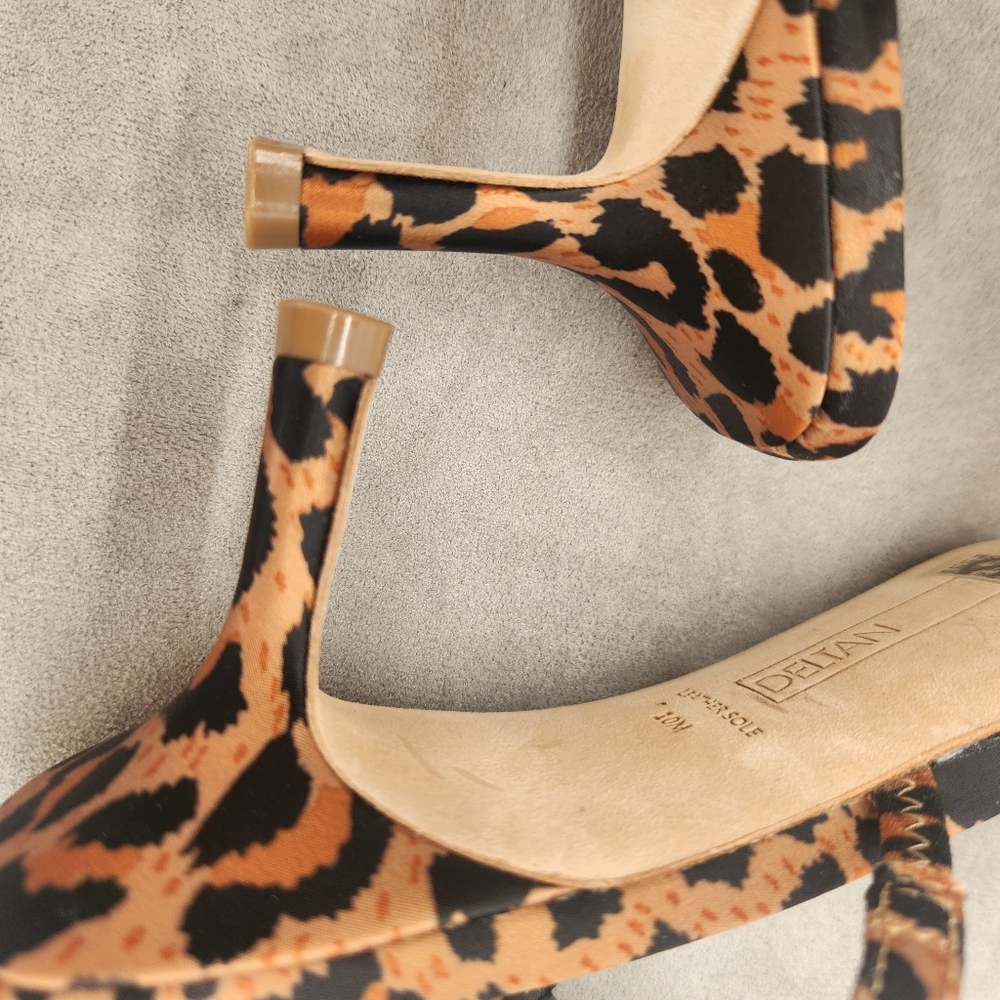 Deltan Dressy Sandals 10 Brown Satin Amayah Leopard Print Black Rosette New $110 - Picture 11 of 15